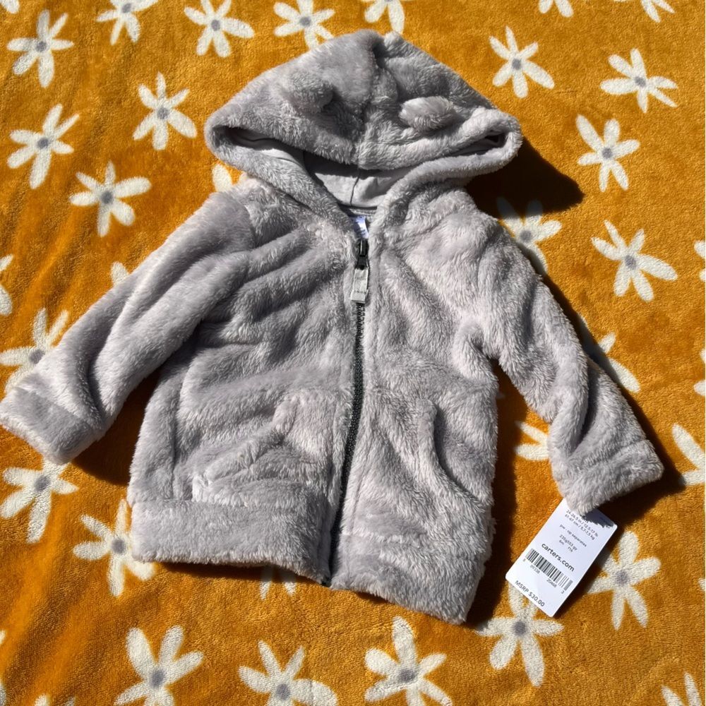 NWT $30 Light Soft Grey Plush Teddy Full-Zip Infant Jacket with Ears 6mos Unisex